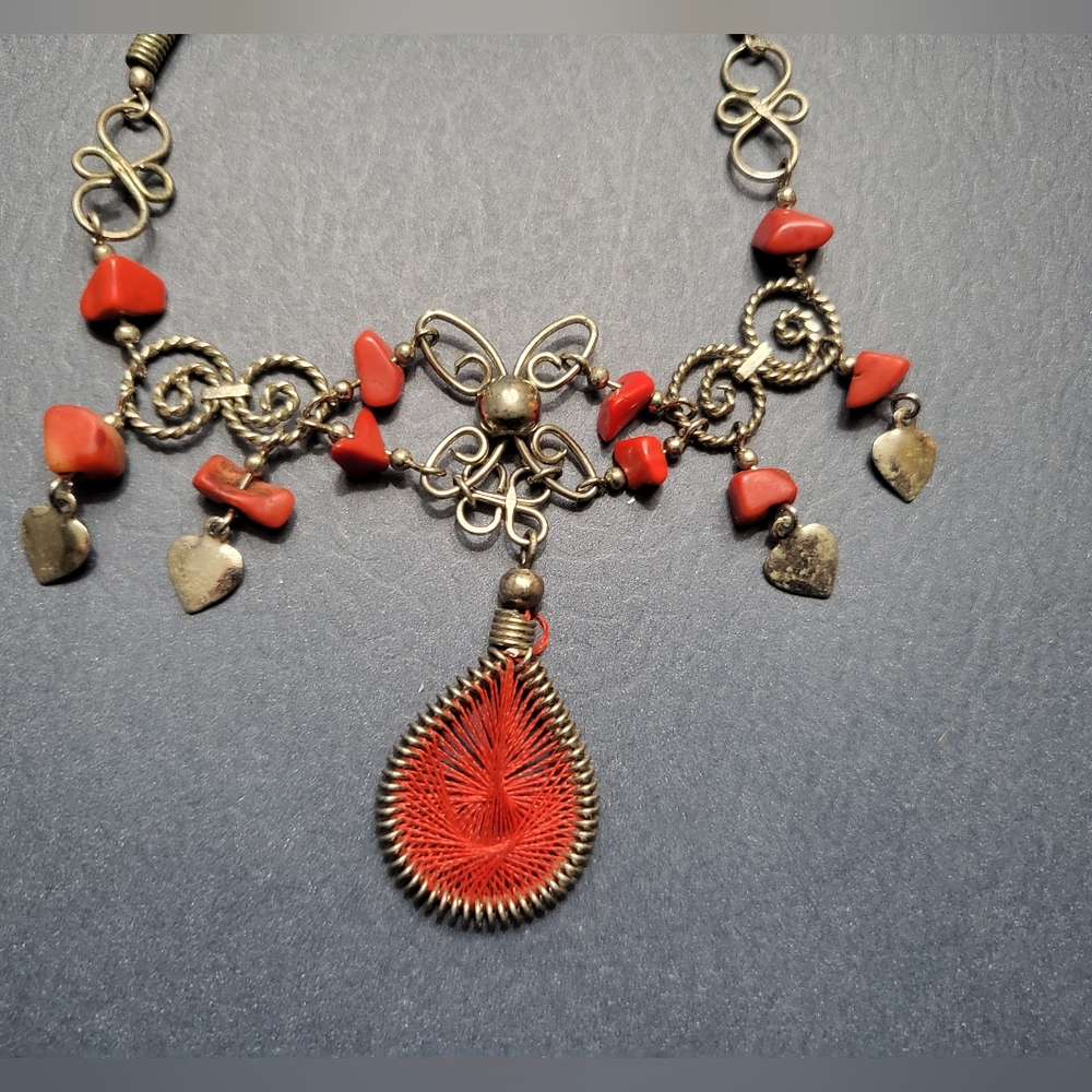 VTG Bracelet Red Dream Catcher Peruvian Alpaca Thread Silver Peru